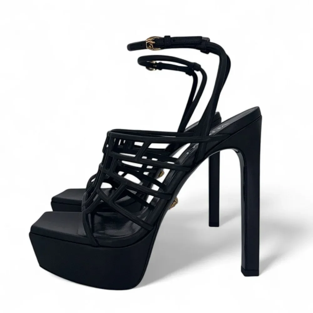 VERSACE Greca Maze Black Medusa Medallion Platform Sandals Size EU39.5
